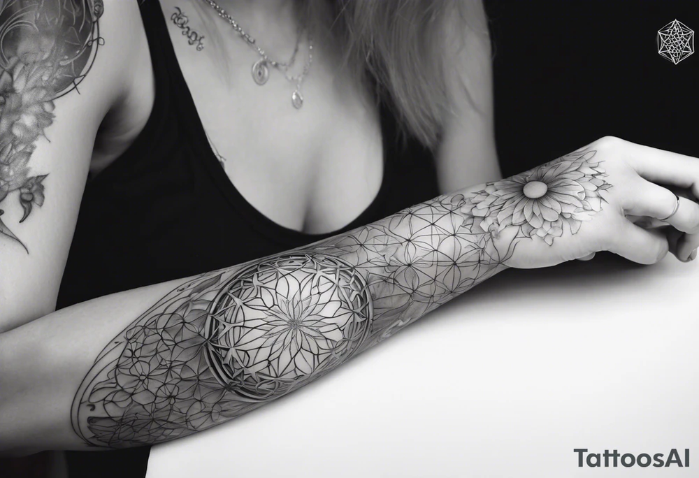 Sleeve tattoo on a woman's arm. Phoenix and Flower of life and Metatron's cube tattoo idea