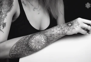 Sleeve tattoo on a woman's arm. Phoenix and Flower of life and Metatron's cube tattoo idea