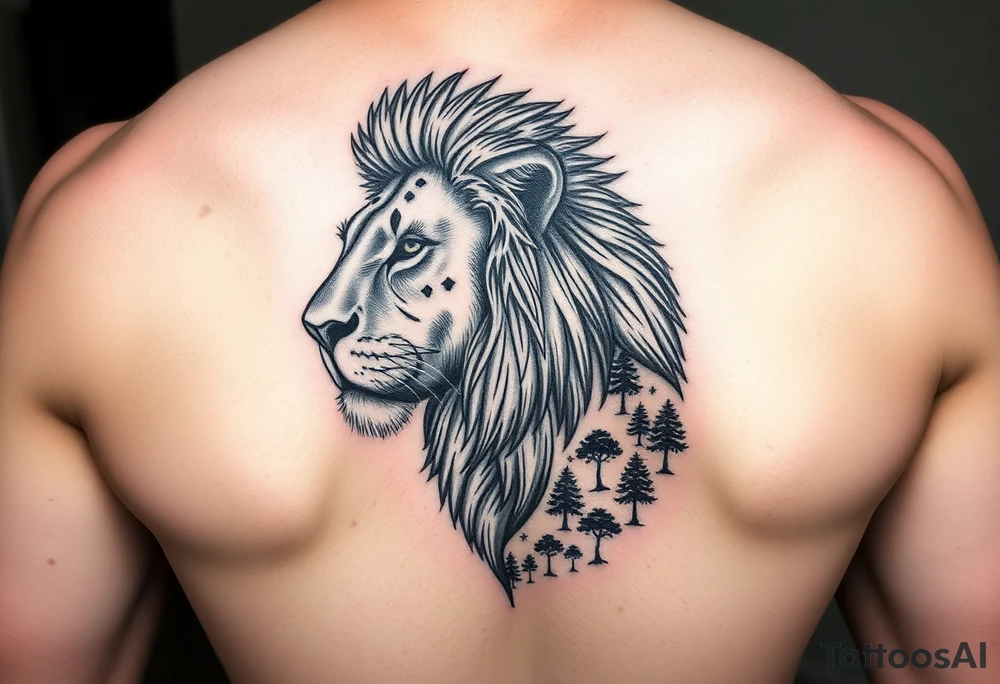 Give me a realistic pridefull nlack and grey lion on the inner forearm with a savannah dunset undeath with trees tattoo idea