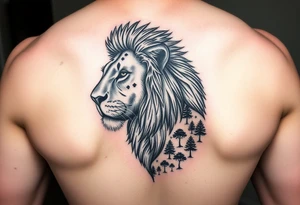 Give me a realistic pridefull nlack and grey lion on the inner forearm with a savannah dunset undeath with trees tattoo idea