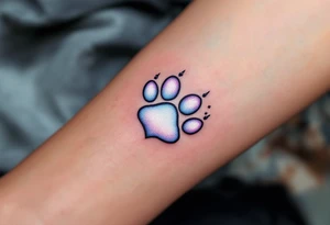 A heart-shaped paw with a subtle gradient of light blues and purples, with tiny paw prints trailing off, representing love’s constant journey and loyalty. tattoo idea