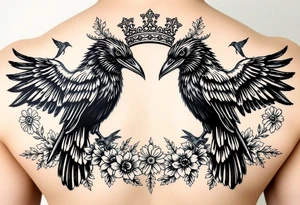 powerful majestic ravens with a crown, surrounded by floral ornaments and birds tattoo idea