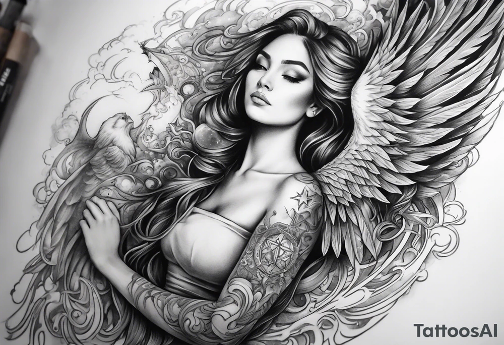 A full sleve tatoo on my right arm

A phoenix over my shoulder with an angel slying through the stars and witches in the image as well

Smoke and cosmic imagery tattoo idea