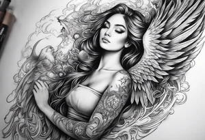 A full sleve tatoo on my right arm

A phoenix over my shoulder with an angel slying through the stars and witches in the image as well

Smoke and cosmic imagery tattoo idea