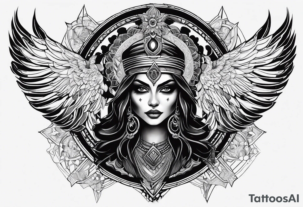 black kali, goddess pirate, alien, pachamama, valkrye, warrior, skull, lotus azul, wing, eagle, zenza resonance, stars, 5D tattoo idea