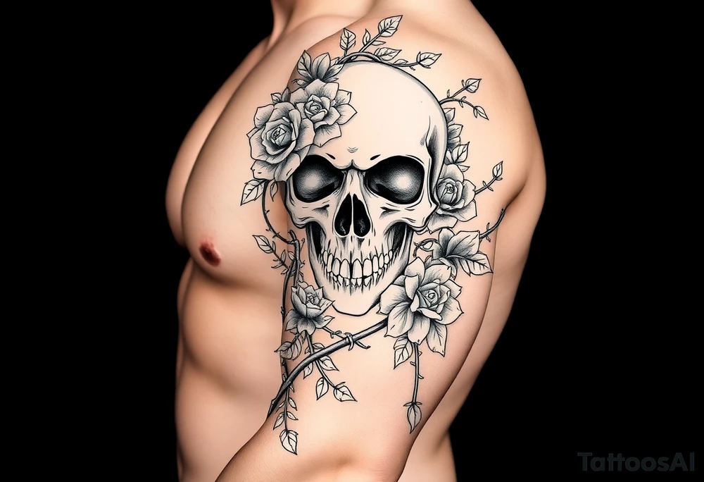 gothic skull intertwined with climbing roses and thorny vines tattoo idea