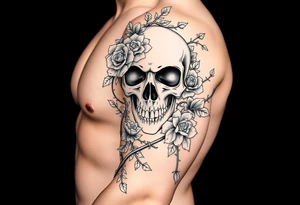 gothic skull intertwined with climbing roses and thorny vines tattoo idea