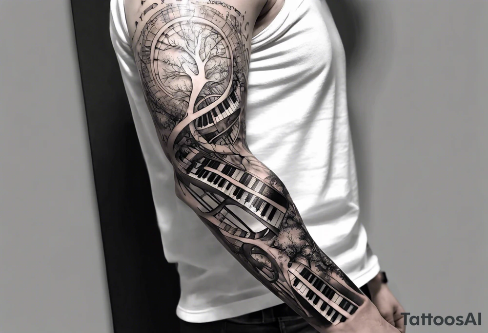 full arm sleeve tattoo combining images of DNA, science, guitar, piano, music. tree of life, focus, masculine tattoo idea