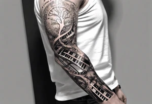 full arm sleeve tattoo combining images of DNA, science, guitar, piano, music. tree of life, focus, masculine tattoo idea