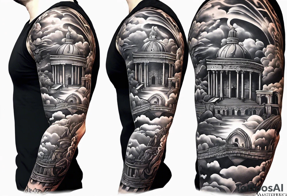 Romain Gladiator full sleeve right arm. Can have Roman buildings, sunset, clouds, fire (no animals) tattoo idea