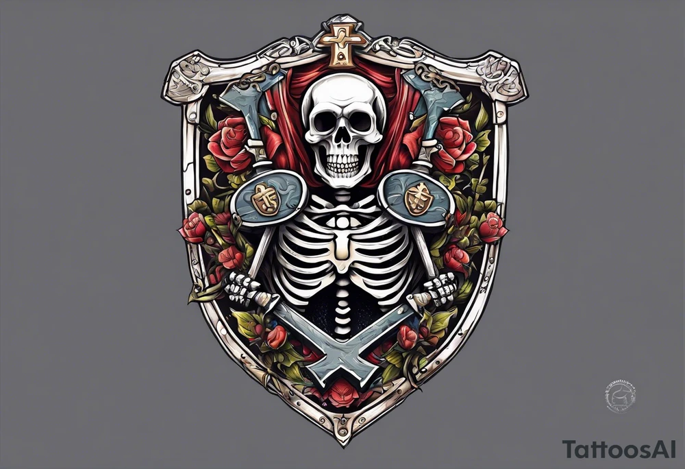 skeleton holding a shield with a cross on it tattoo idea