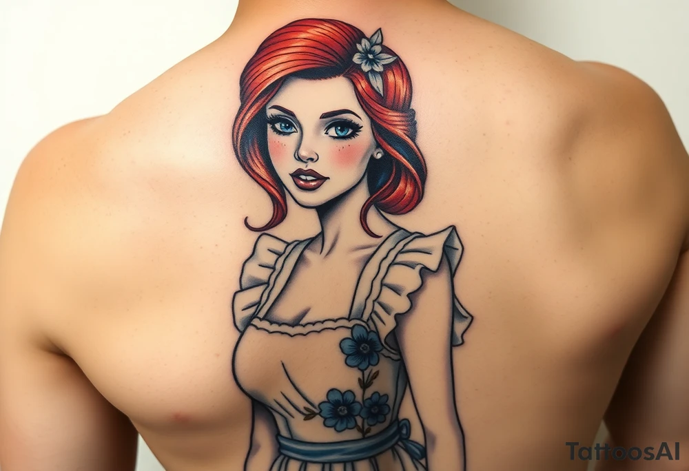 Old school Traditional pin up girl with red hair and blue eyes and wearing a milkmaid maid style dress with blue flowers on dress tattoo idea