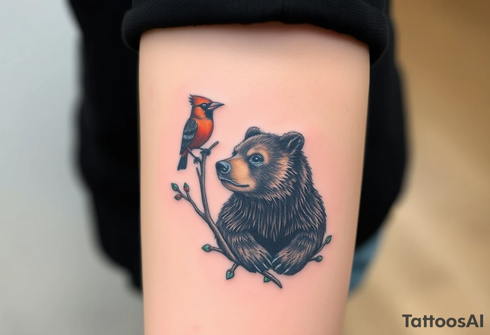 Realistic Woodland with a bear, woodpecker and cardinal tattoo idea
