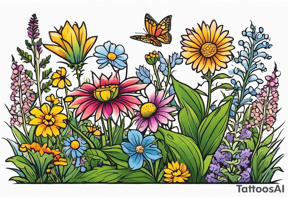 Assortment of wildflowers and prairie plants, horizontal tattoo idea