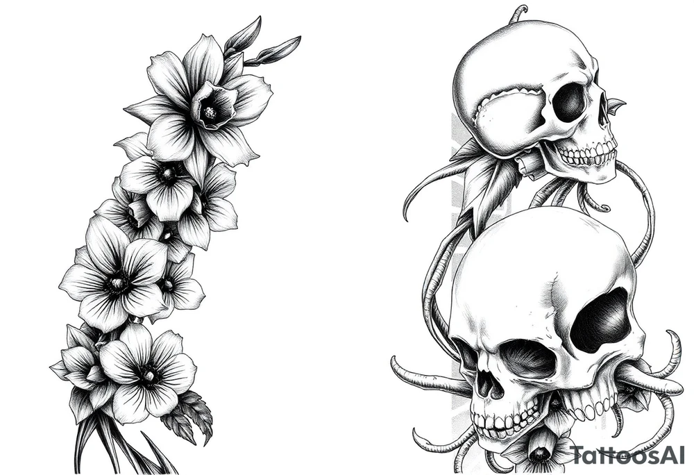 Aconitum flower going up the arm with details gothic style with skulls tribal large tattoo idea