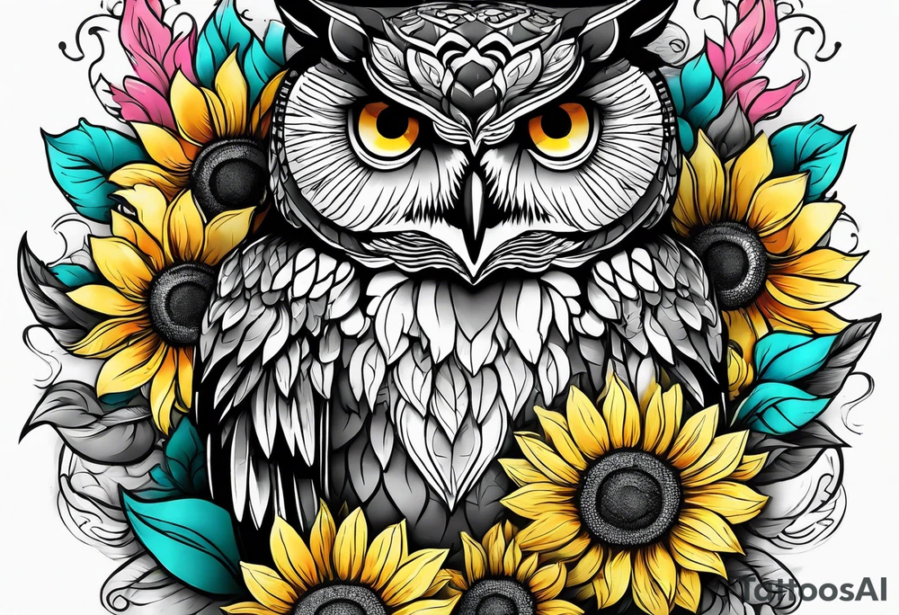 Sleeve with teal, pink and yellow owl and yellow sunflowers tattoo idea