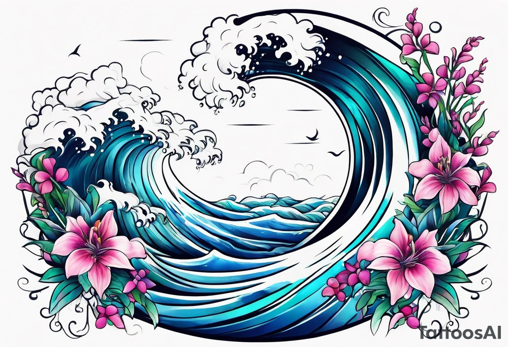 ocean wave surrounded by lupin and fireweed vines tattoo idea