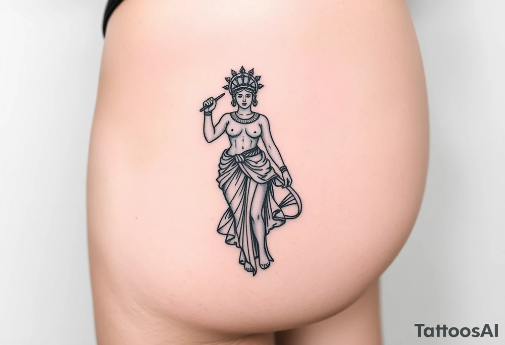 outer thigh tattoo greek sculpture athena, fine line tattoo idea