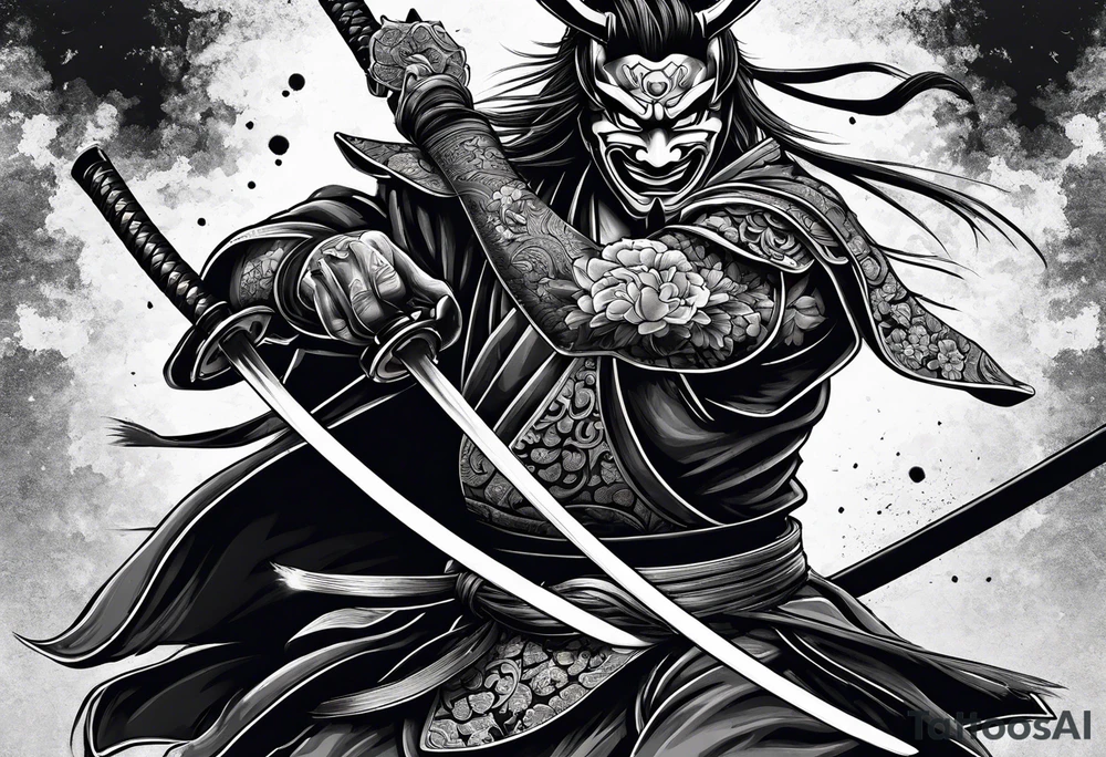 samurai with a hannya mask that covers half of his face who is in a slightly tilted posture holding a katana in an attack position tattoo idea