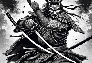 samurai with a hannya mask that covers half of his face who is in a slightly tilted posture holding a katana in an attack position tattoo idea