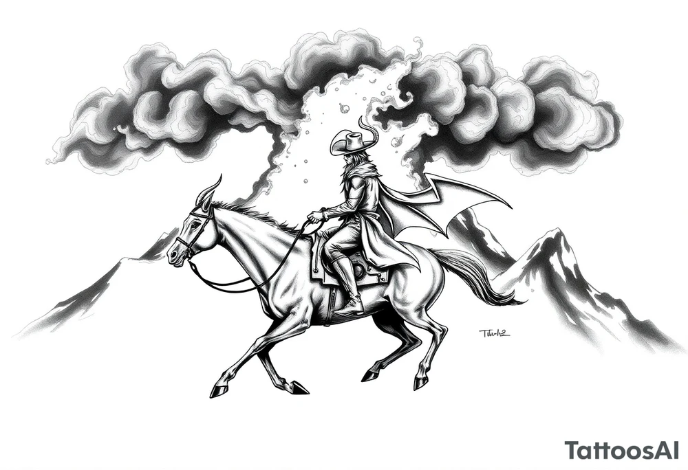 demon cowboy on a horse, against a volcanic eruption. tattoo idea