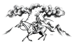 demon cowboy on a horse, against a volcanic eruption. tattoo idea