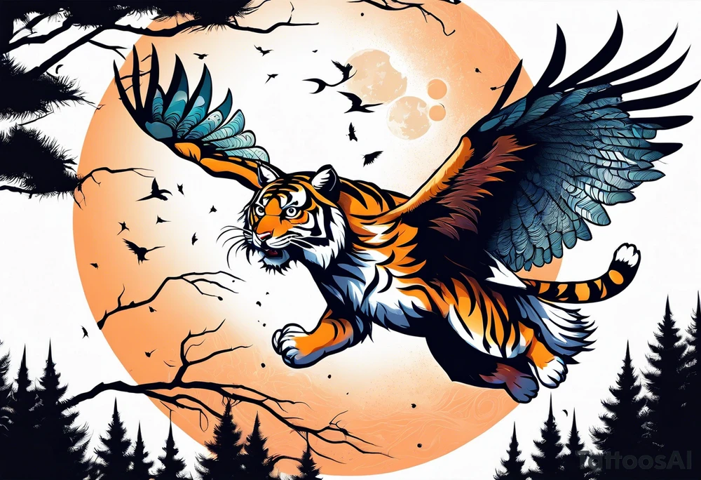 Tiger clawing a flying owl underneath a full moon in a forest tattoo idea