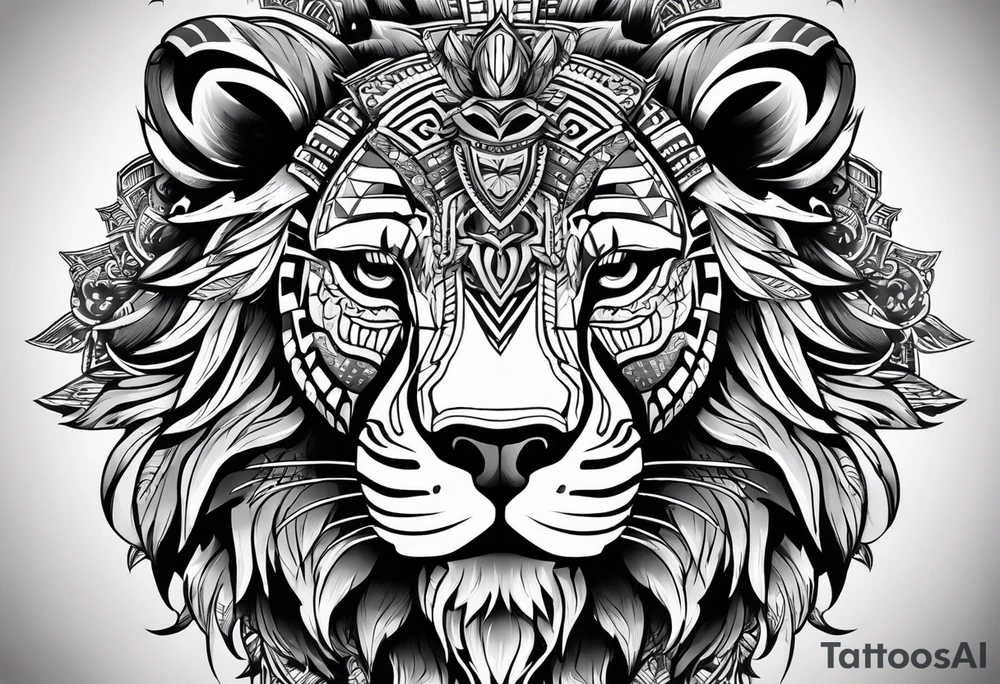 Aztec skull head wearing a Lion head tattoo idea