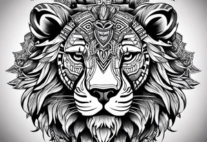 Aztec skull head wearing a Lion head tattoo idea