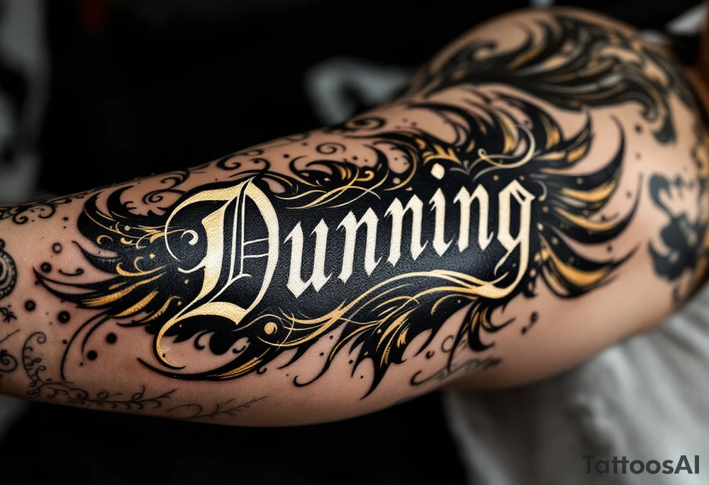 Dunning, details include bold strong font, gold highlights, theme of wealth and angel wings, taino native tattoo idea