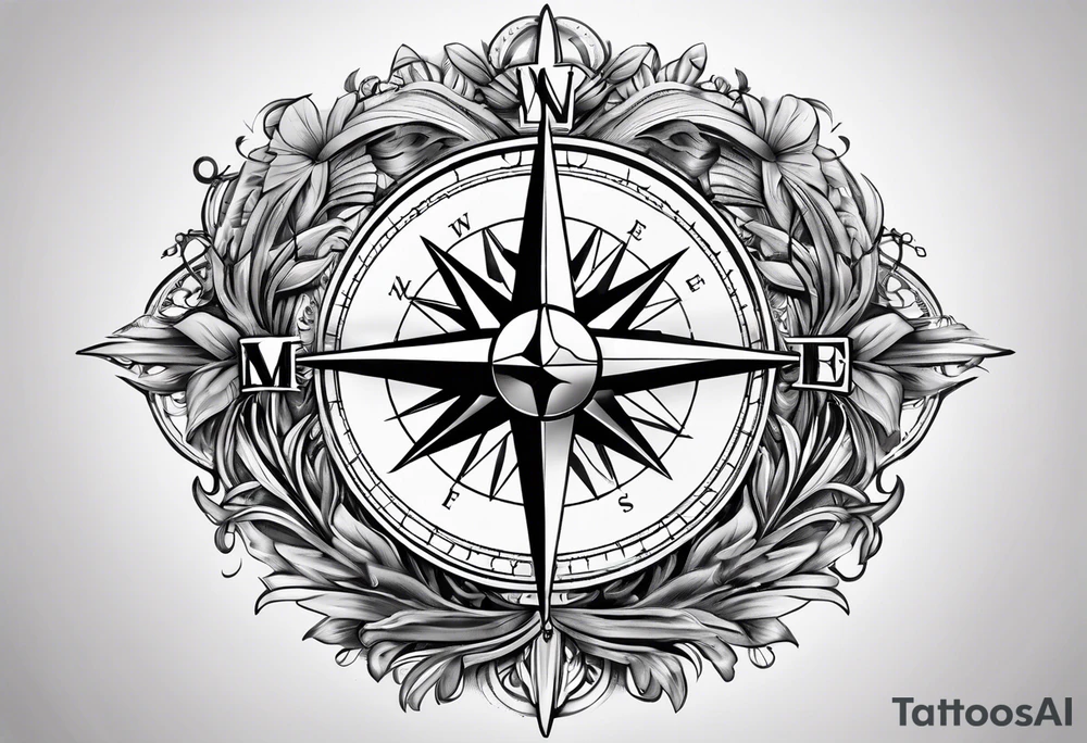 3D Compass with long vines tattoo idea