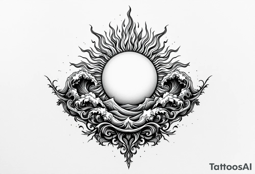 Bellybutton tattoo: a flaming sun with waves in the background tattoo idea