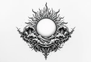 Bellybutton tattoo: a flaming sun with waves in the background tattoo idea