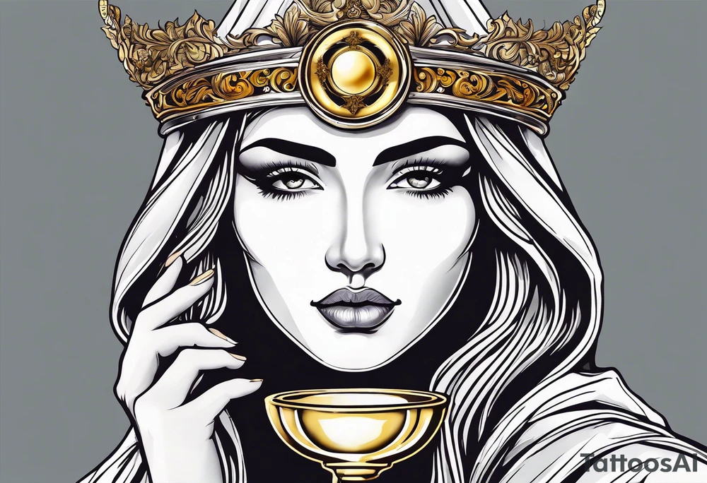 holy saint woman turned away with golden halo holding a chalice tattoo idea