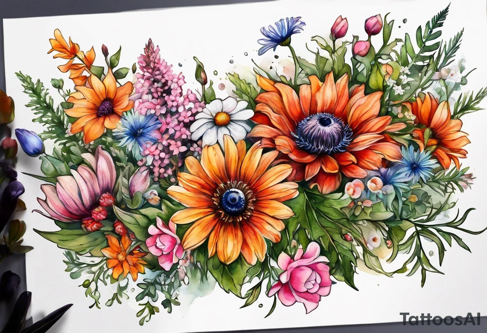 wildflowers cascading with thistles, ferns, white anemones, sun flowers, orange flowers, pink flowers, red flowers, babys breath and daisies all in watercolor tattoo idea