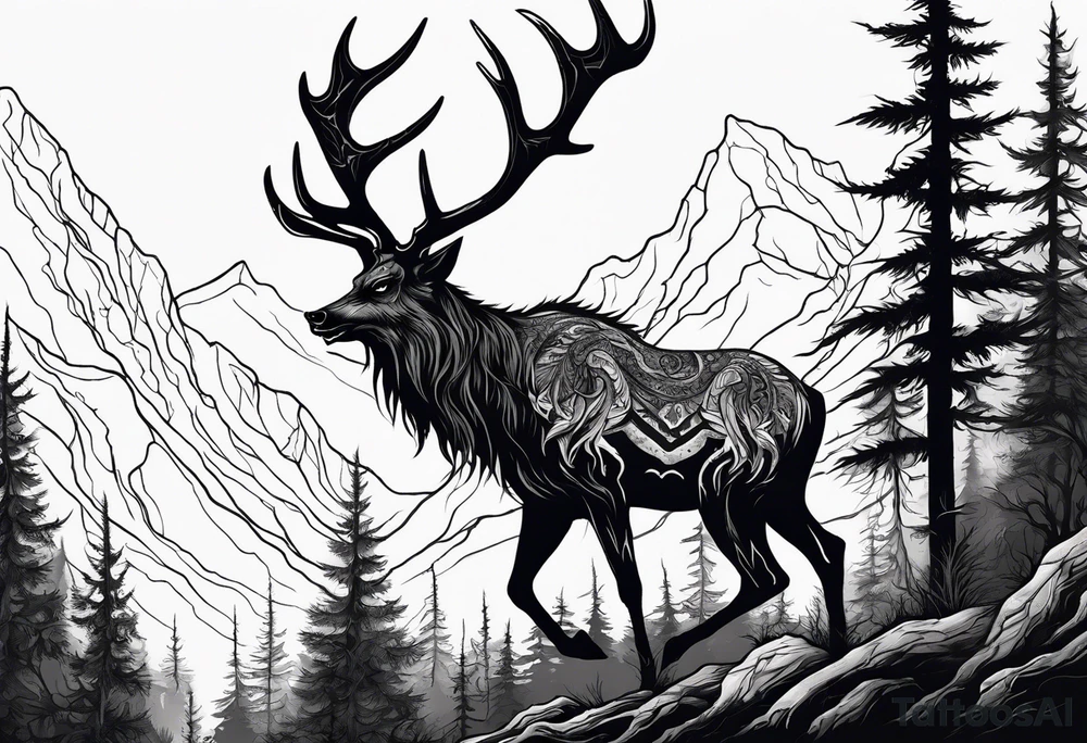 A scary terrifying horrifying rotting bone lore accurate wendigo side profile surrounded by a forest fire in background tattoo idea