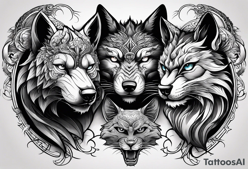 three animal heads merged: 

1. A chinese dragons head (on the left)
2. A Feline cats head(in the middle)
3. A Wolves Head (on the right) tattoo idea