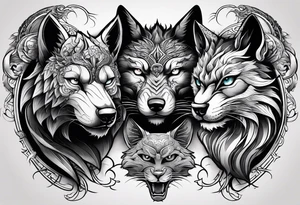 three animal heads merged: 

1. A chinese dragons head (on the left)
2. A Feline cats head(in the middle)
3. A Wolves Head (on the right) tattoo idea