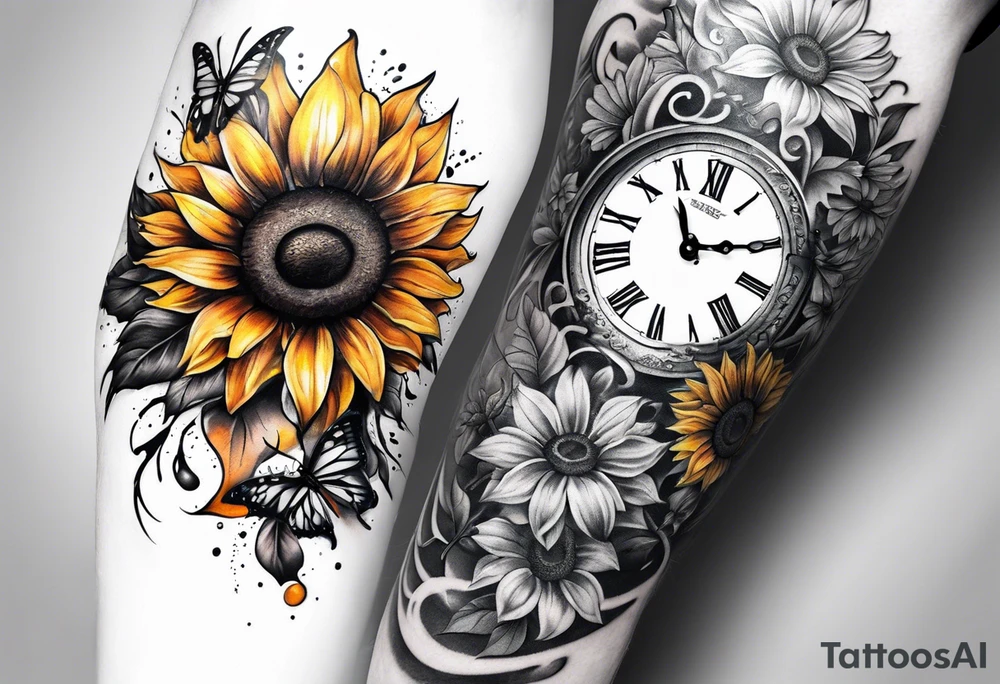 Sleeve with clock, sunflower and butterfly tattoo idea