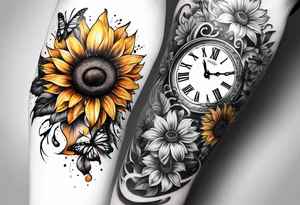 Sleeve with clock, sunflower and butterfly tattoo idea