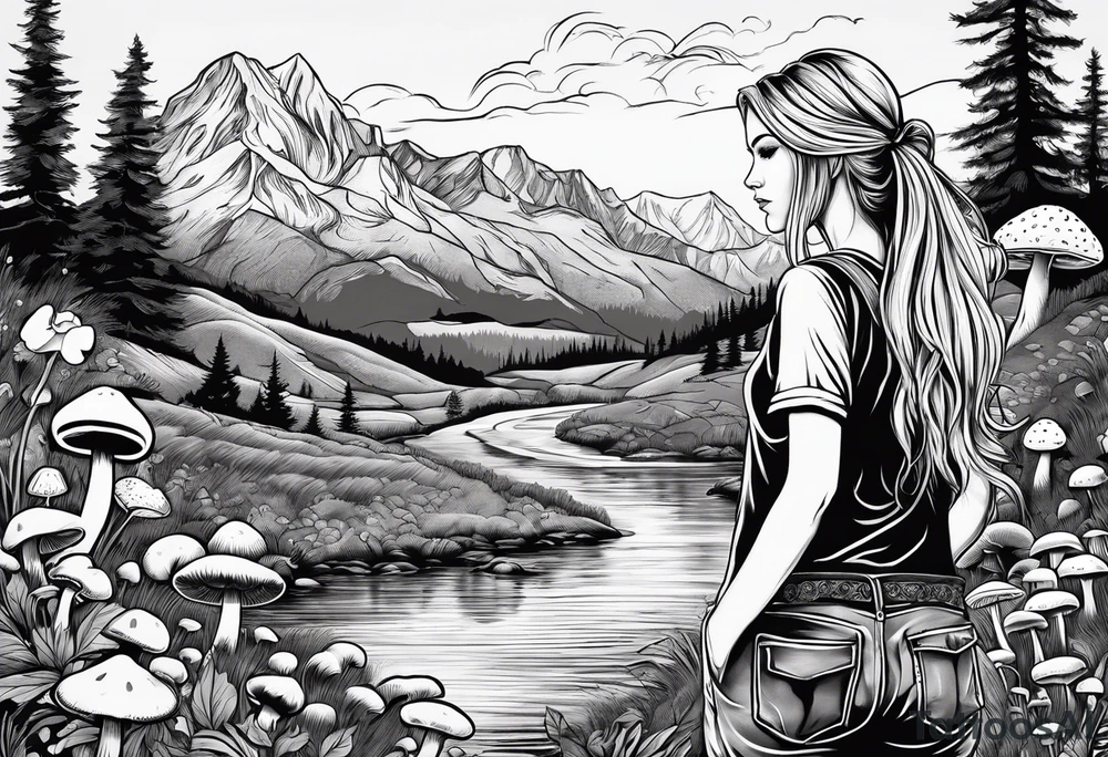 Straight long blonde hair hippie girl in distance holding mushrooms in hand facing away toward mountains and creek surrounded by mushrooms tee shirt hiking pants

Circular picture tattoo idea