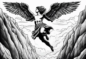 Image of a figure jumping off a cliff growing wings in the air tattoo idea