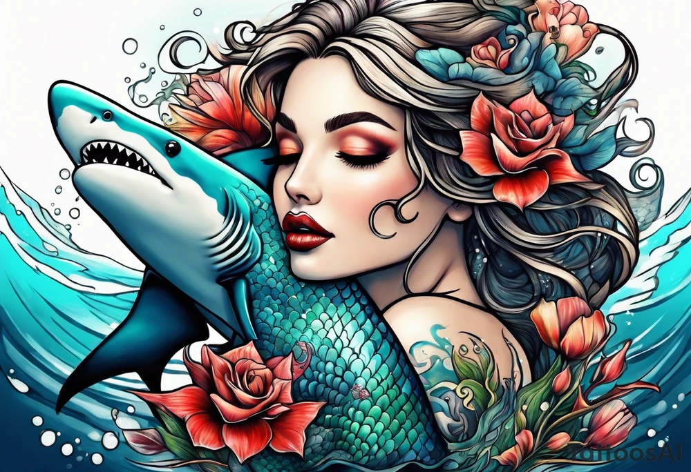 Mermaid kissing a shark tattoo idea