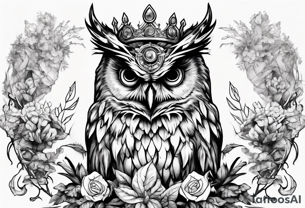 Demon crowned Owl surrounded by poisonous plants, crystals and astrology. tattoo idea