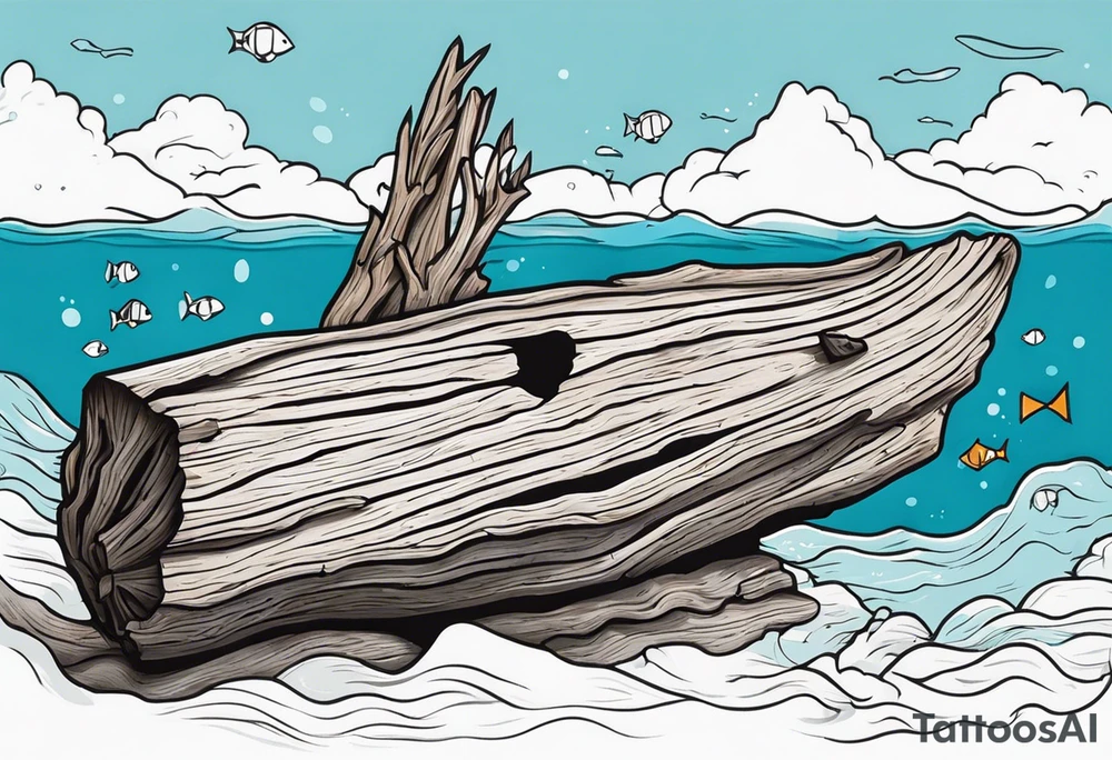 piece of driftwood underwater with duke written in the wood tattoo idea