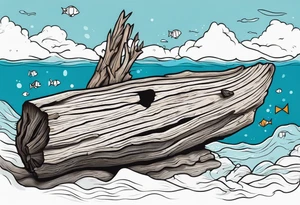 piece of driftwood underwater with duke written in the wood tattoo idea