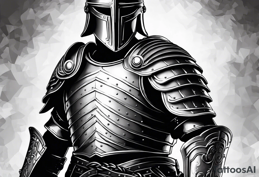 a black and white illustration of a roman soldier from AD 60, wearing armor which must include an armoured belt, breastplate, armoured shoes, shield, helmet and sword.
the soldier must look strong. the soldier is faceless. The image must include the full person - from head to toes tattoo idea