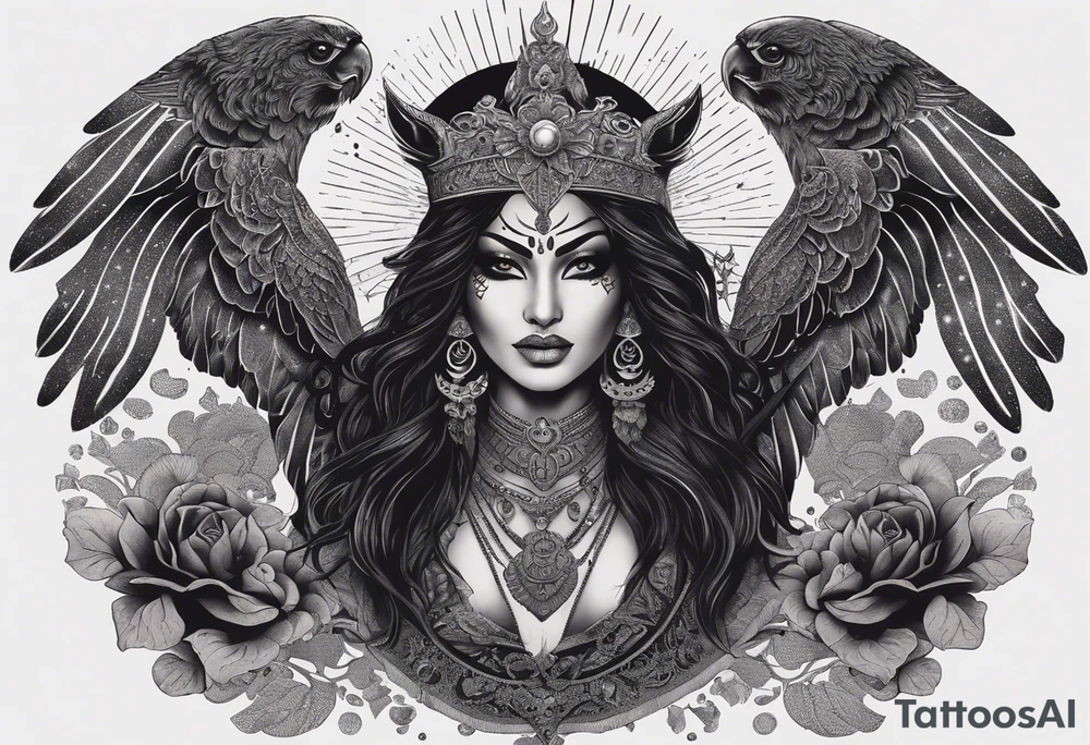 black kali, goddess pirate, alien, angel, pachamama, valkrye, warrior, flying, skull, lotus azul, wing, eagle, zenza resonance, stars, 5D, anahata chakra, death, durga, riding on a tiger, flying lady, kundalini, chest tatoo, samuri, rebel,s erpent tattoo idea