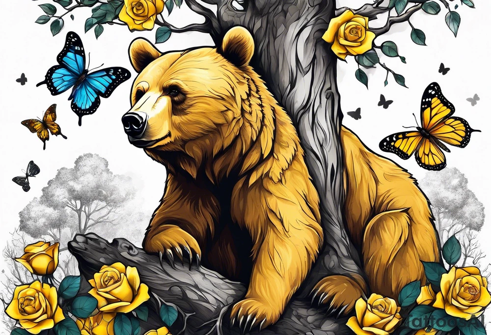 A bear sitting under the tree of life with three yellow roses, and three butterflies tattoo idea