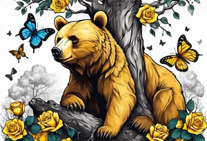 A bear sitting under the tree of life with three yellow roses, and three butterflies tattoo idea